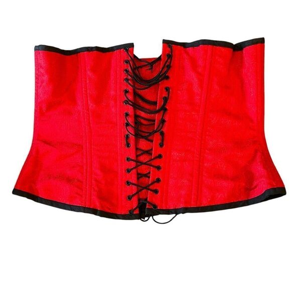 Lace Up Corset Red Satin Silky Floral Print Plus 3X - Picture 1 of 10